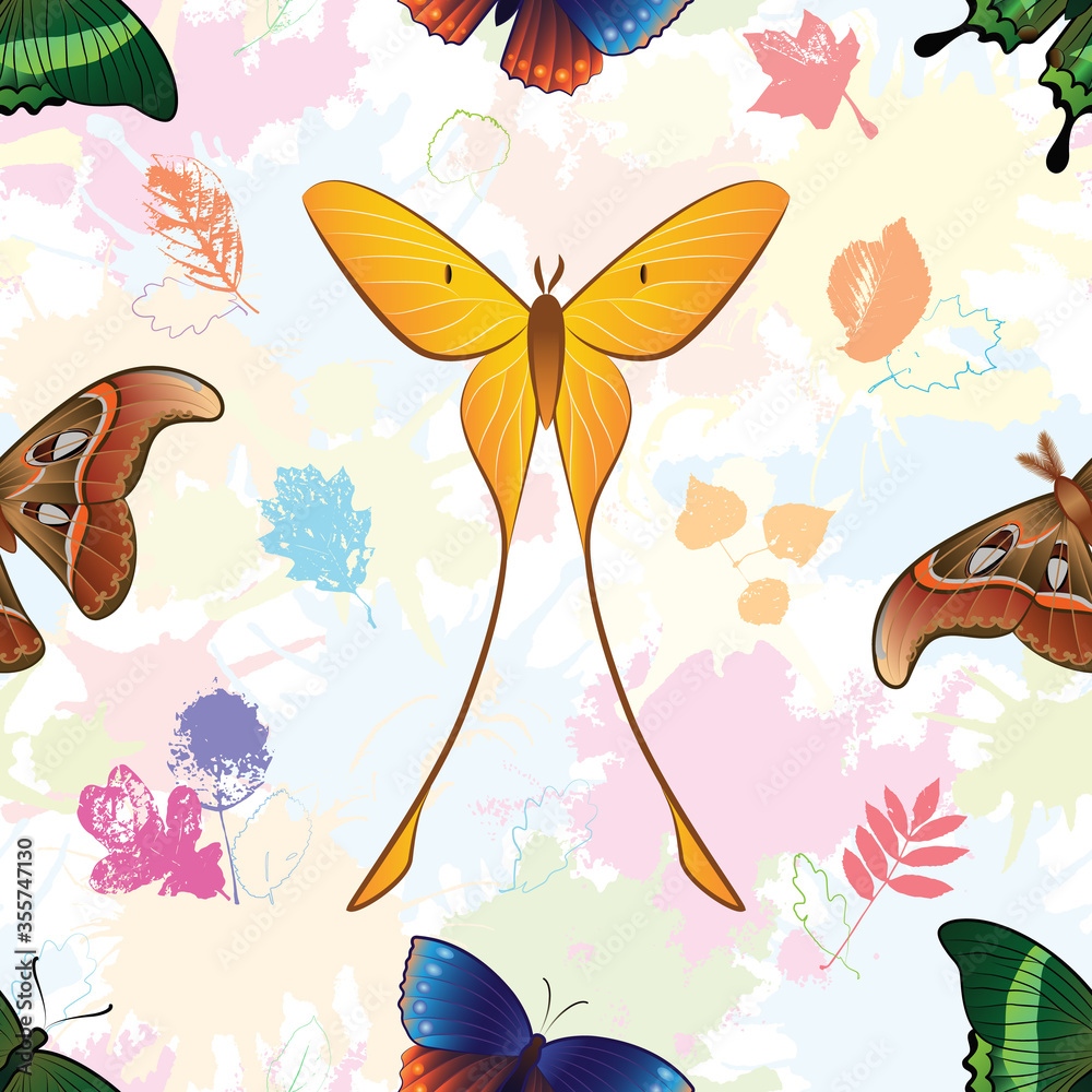Pattern with butterflies on a background of colored blots.