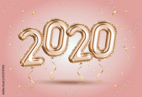 Happy New Year 2020. Gold foil balloons numeral 2020 and confetti on pink background. Elegant Pink Greeting celebration poster. Golden numbers with sparkling golden confetti 3d realistic vector