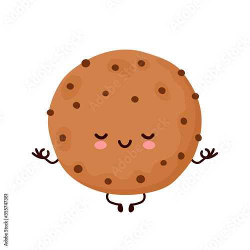 Cute happy funny chocolate cookie meditate