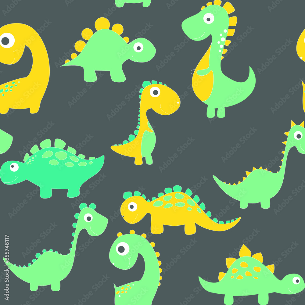 Obraz premium Childish dinosaur seamless pattern for fashion clothes, fabric, t shirts. hand drawn vector