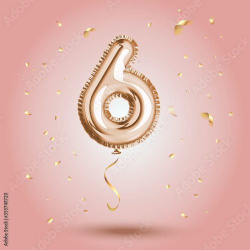 Elegant Pink Greeting celebration six years birthday Anniversary number 6 foil gold balloon. Happy birthday, congratulations poster. Golden numbers with sparkling golden confetti. Vector