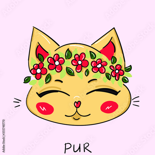 cat with a wreath of flowers on his head. cute vector illustration
