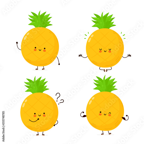 Cute happy funny pineapple fruit set