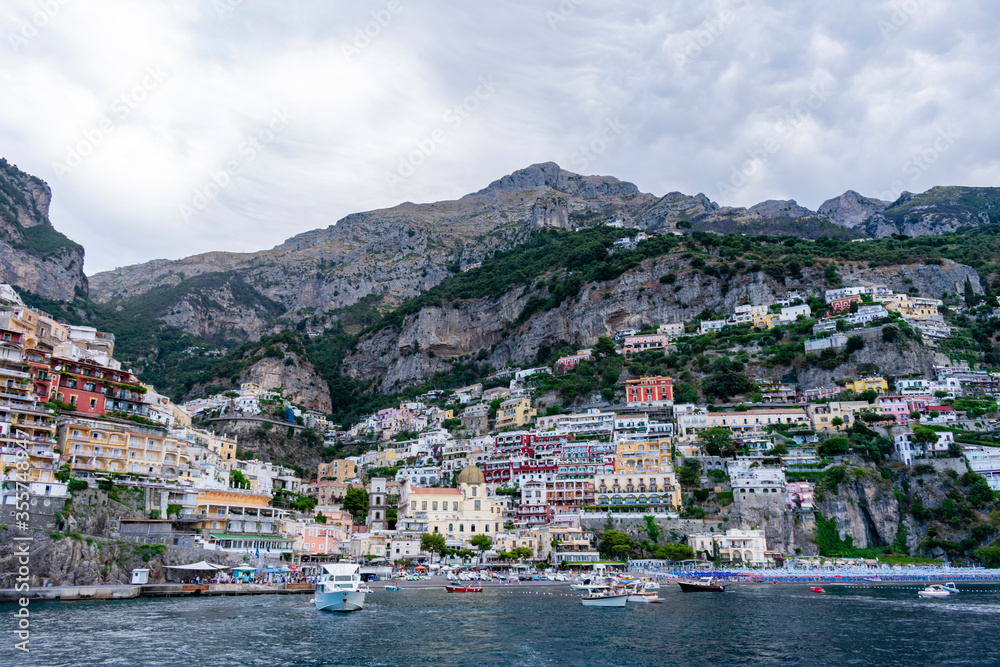 Italy, Campania, Positano - 14 August 2019 - View of the colorful Positano from the sea