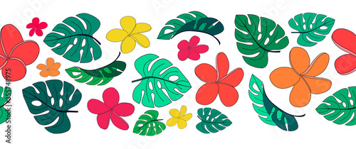 Seamless hand-drawn tropical border with exotic monstera leaves, exotic flowers on a white background. 