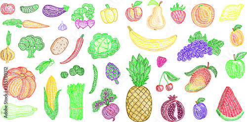 Vector hand-drawn illustration collection of fruits and veggies in cartoon or decorative embroidery style. Design best for posters, banners, patterns, fabric prints, cards, restaurant menu