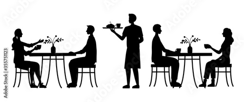 Concept Of Lunchtime. People Are Sitting In Cozy Urban Cafe, Drink Coffee, Eat Dinner. The Waiter Brings The Order. Characters Silhouettes Enjoying Of Time Together. Cartoon Flat Vector Illustration