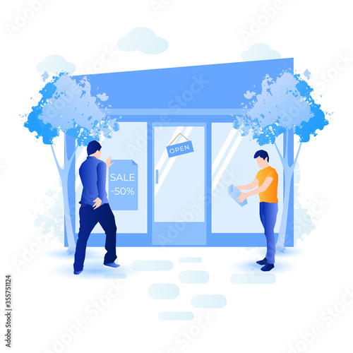Store building with shop windows. Happy customers enter the building shop. Sale signs at shop windows for business promotion.