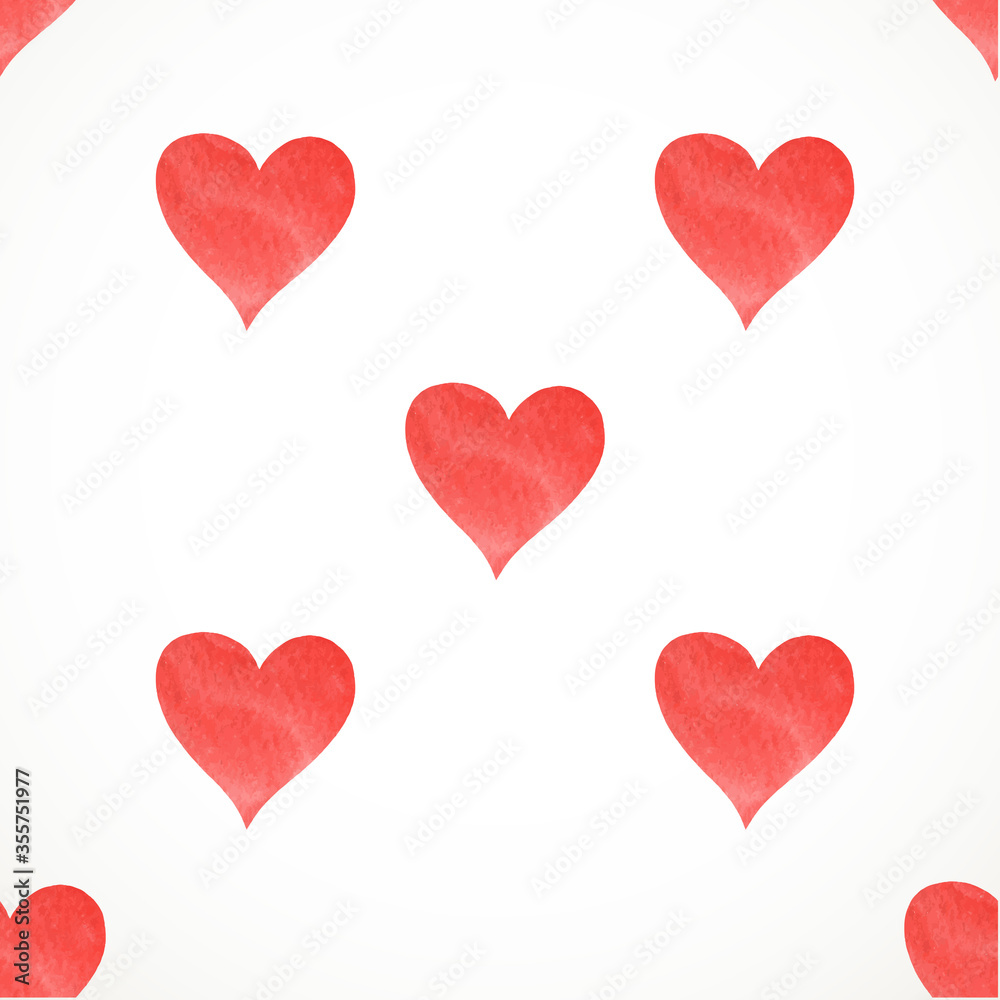 Vintage seamless vector pattern of red hand drawn watercolor paint hearts