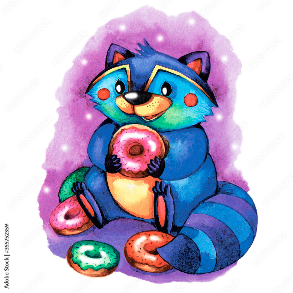 Watercolor hand drawn illustration of a cute raccoon eating the donut