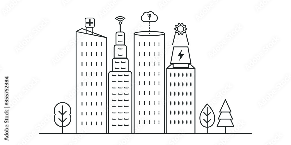 Smart city buildings outline vector illustration. smart services cloud computing, networks, solar panels and  health care.