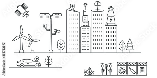 Smart city symbols outline vector illustration. smart services cloud computing, networks, solar panels, health care, recycling, electric car, security camera, wind turbine, ecological and Futuristic