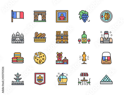 Set of French Culture Flat Color Line Icons. Alcohol, Mime, Macarons and more.