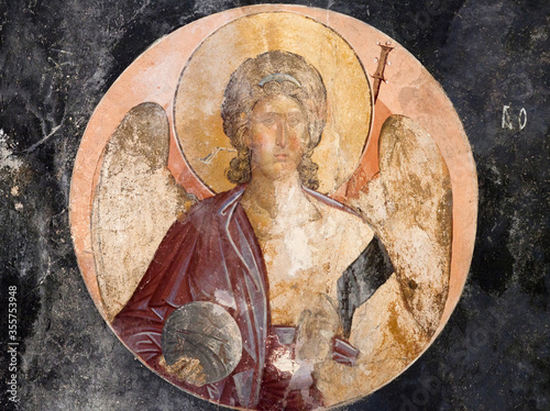 Portrait of Archangel Michael inside a medallion - ancient painted fresco of the Church of the Holy Saviour in Chora, Kariye Camii in Istanbul, Turkey. photo