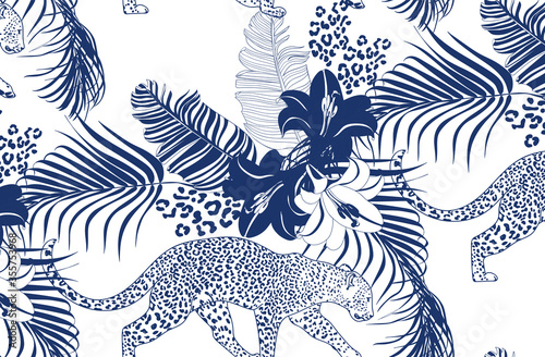 Graphic leopard with flowers and palm leaves in Asian style seamless pattern
