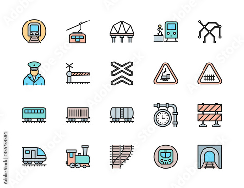 Set of Railways Flat Color Line Icons. Funicular, Subway, Locomotive and more