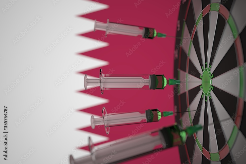 New Coronavirus vaccine syringes with text and flag of Qatar as a background. Qatari medical research and vaccination, 3D rendering