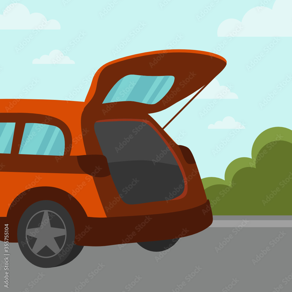 Vector cartoon illustration. Back of a red parked car with open trunk
