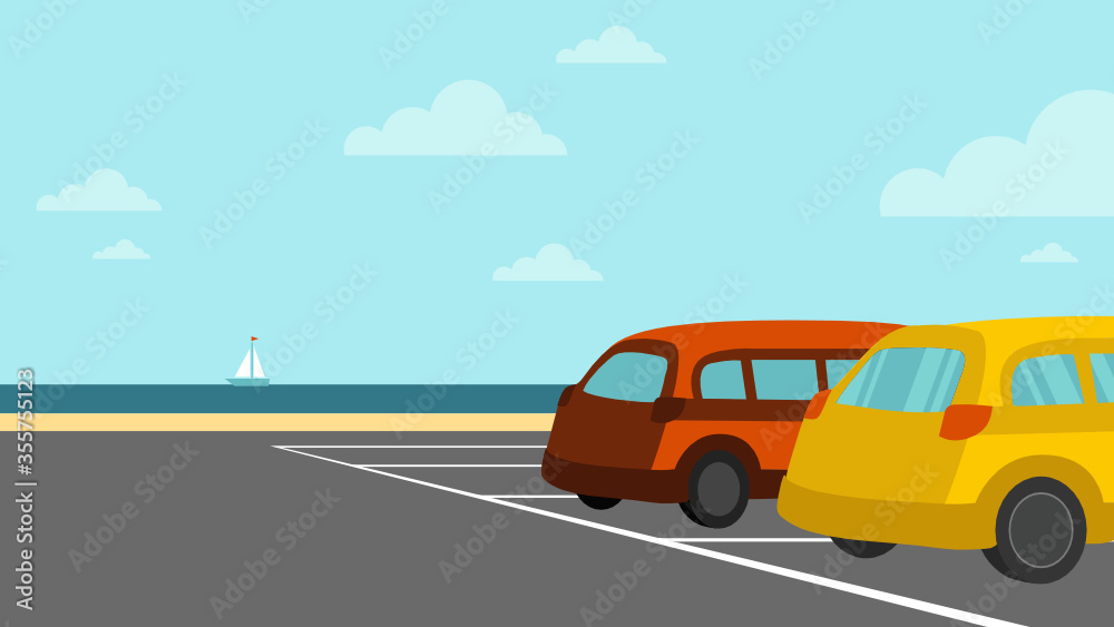 Vector illustration of a parking lot near by the ocean bay. Horizontal landscape, outdoor background. Vector illustration of a parking lot near by the ocean bay. Horizontal landscape, outdoor background.