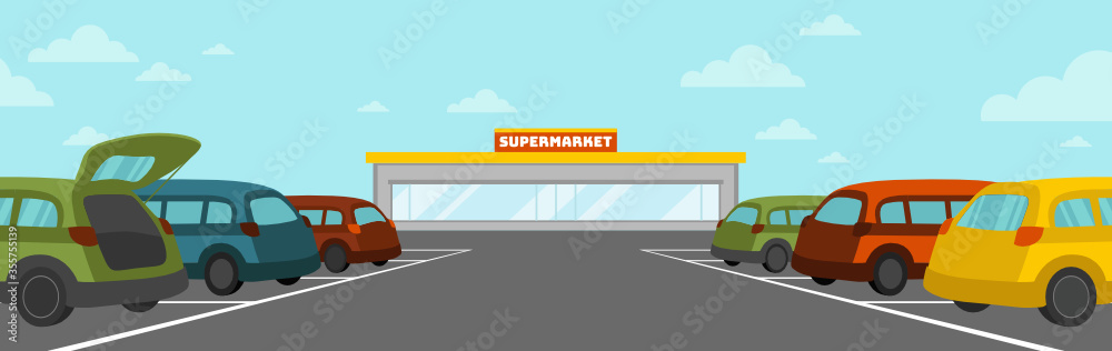 Vector flat illustration of supermarket parking lot with cars. Open trunk. Grocery  store. Road marking. Shopping trip. Cartoon background, personal transport,  traffic, carriage. Good weather blue sky Stock Vector | Adobe Stock