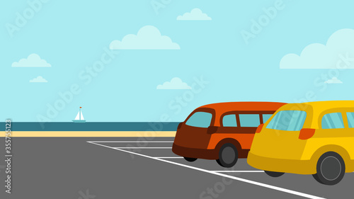 Vector illustration of a parking lot near by the ocean bay. Horizontal landscape, outdoor background.