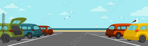 Vector seaside landscape. Cars at the ocean beach parking lot. Open space scene. Cartoon style drawing. © Nadia x