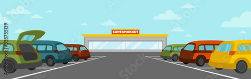 Fototapeta Naklejka Na Ścianę i Meble -  Vector flat illustration of supermarket parking lot with cars. Open trunk.  Grocery store. Road marking. Shopping trip. Cartoon background, personal transport, traffic, carriage. Good weather blue sky