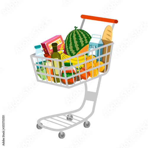 Vector isolated flat style illustration of a shopping cart full of healthy food and drinks