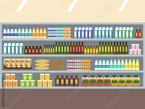 Vector cartoon background illustration of a supermarket interior, shelves with products, food and drinks. Flat style. Scene. Big choice good assortment. Edibles. Showcase. Colorful. Elements. 