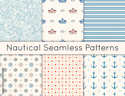 Set of 6 vector seamless nautical patterns with topographic map texture, anchors, steering wheels, boats, stripes, stars and polka dot. Collection of backgrounds inmaritime style, pink and blue color