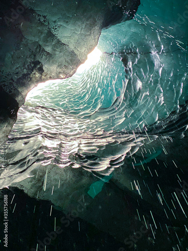Glacier melting showing opening from bottom in Iceland.