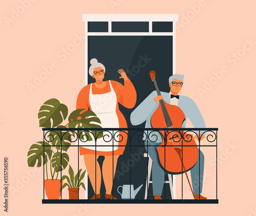 An elderly couple is gardening on the balcony. Grandparents on the balcony with plants. Hobbies for the elderly. Old man playing the cello. Stay home concept