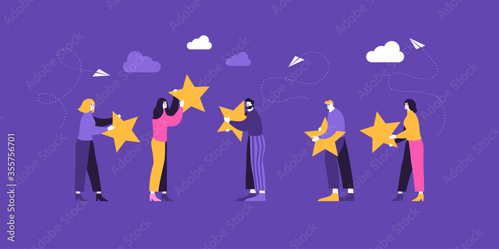 Rating on customer service illustration. happy customers are holding stars and giving 5 star review. Website rating feedback and review concept. Flat vector illustration