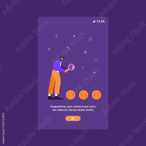 Business man is looking for big business success concept vector flat illustration. Business man with magnifier is searching for big money coins.