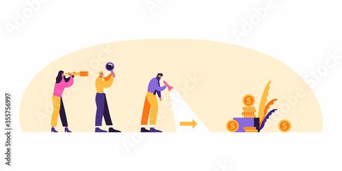 Business man with team are looking for business success and path to goal concept vector flat illustration. Business man with magnifier is searching for income.