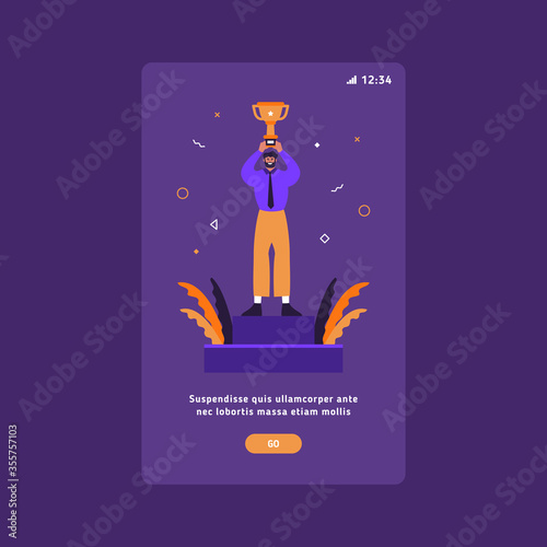 Business success and victory UX mobile slider flat vector template. Succesful businessman holding a winner cup.
