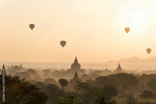 Sunrise Pagodas stupas and temples of Bagan in Myanmar, Burma