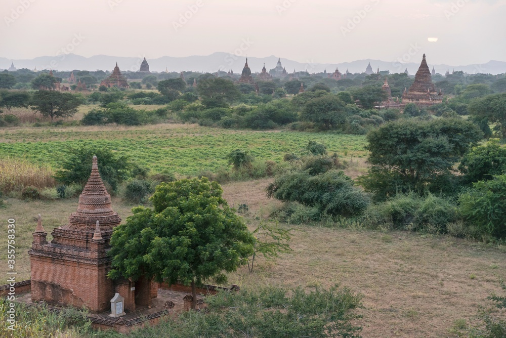 Sunset pagodas stupas and temples of Bagan in Myanmar, Burma