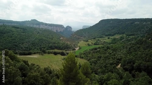 Aerial shot of plants and trees with mountains against sky, drone flying forward over natural green landscape - Tavertet, Spain photo