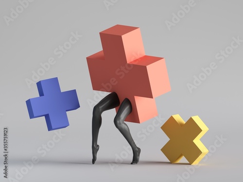 d render, abstract minimal surreal design, funny contemporary art. Colorful geometric shapes, red cross or plus with black human model legs. Game play concept