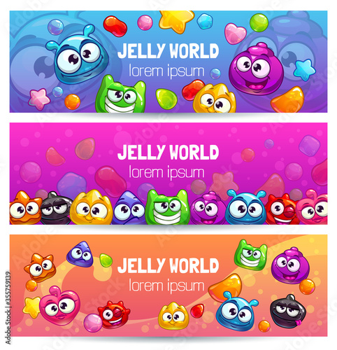 Jelly world banners. Cute colorful templates with jellies , candies and funny monsters.