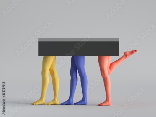 3d render, abstract minimal surreal fashion concept, funny contemporary art sculpture. Colorful human model legs. Empty podium, pedestal, table, product display, platform