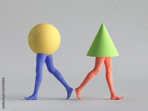 d render, abstract minimal surreal concept, funny contemporary art. Colorful geometric shapes ball and cone with human model legs. Mismatch concept