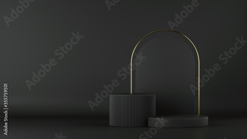 Fototapeta Naklejka Na Ścianę i Meble -  3d render, abstract minimalist black background. Empty cylinder podium, vacant pedestal, round stage, showcase stand, product display, golden arc, expo platform. Copy space. Modern premium design