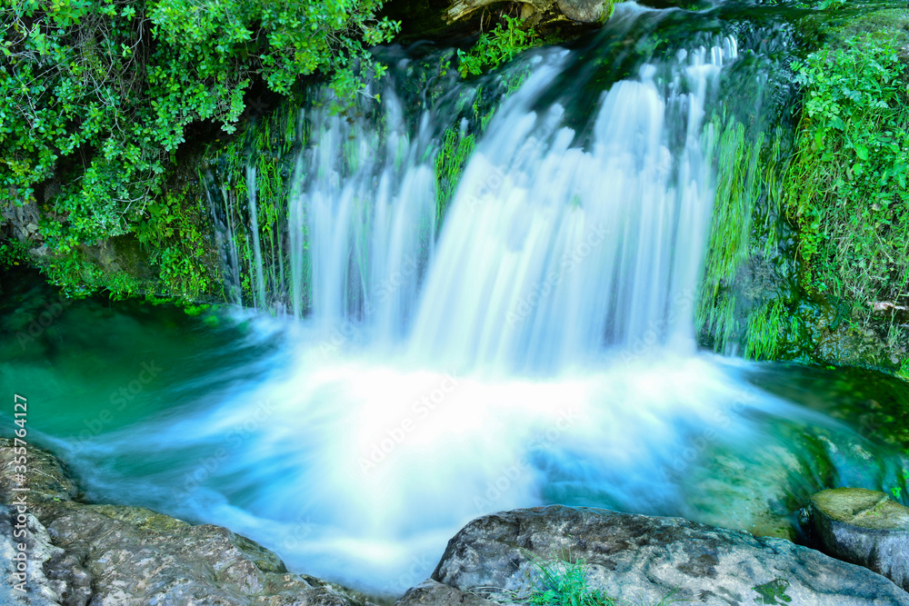 Waterfall of water in the middle of green vegetation