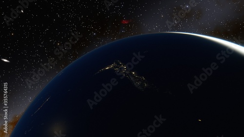 realistic night New Zealand from space 3d render
