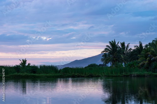 Exotic sunset with pink sky palms and water in foreground and mountain range in the background in Mexico