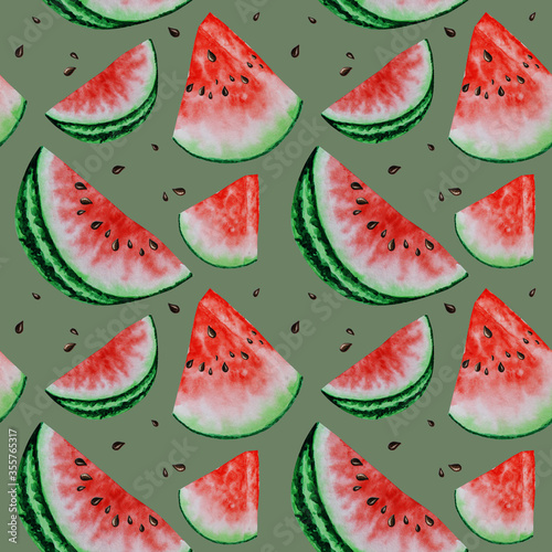 Fototapeta Naklejka Na Ścianę i Meble -  Watermelon slice fruit seamless patterns watercolor hand drawn illustration, fresh healthy food - natural organic food fabric texture on green background. Scrapbook paper