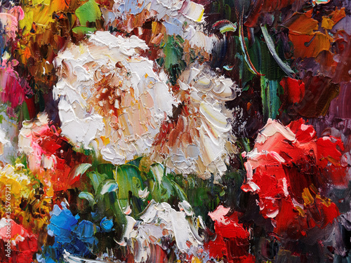 Multi-colored brush strokes create abstract image of flowers original oil painting on canvas
