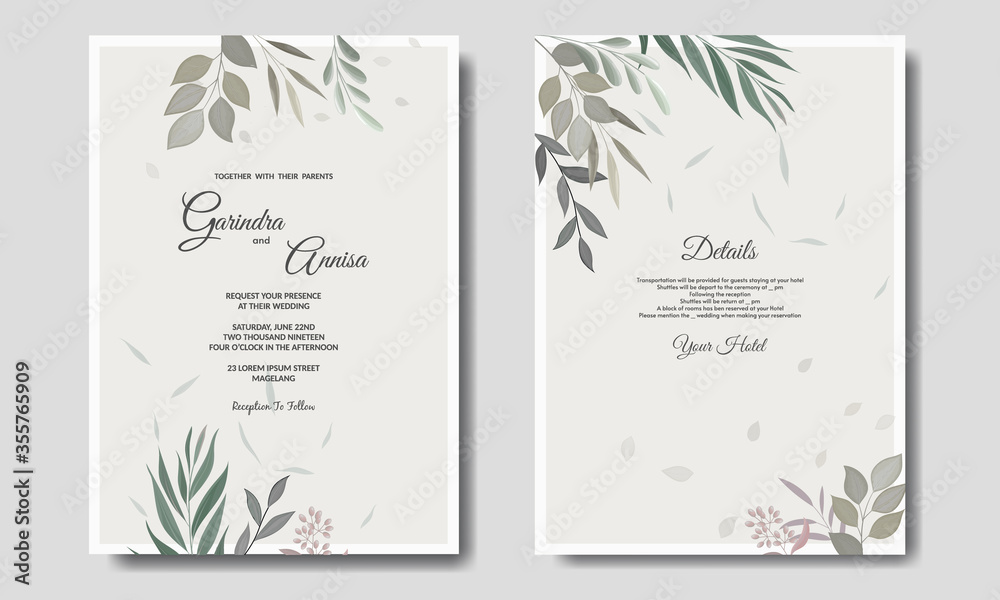  Wedding invitation card template set  tropical leaves decoration Premium Vector